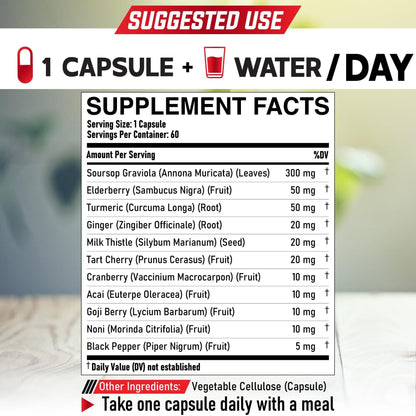 DEDICAD 11in1 Graviola Soursop Capsules - Blended with Elderberry, Turmeric, Ginger, Milk Thistle, Cranberry & More - Support Positive Mood, Immune System & Body Management - Maple Wellness Supplements