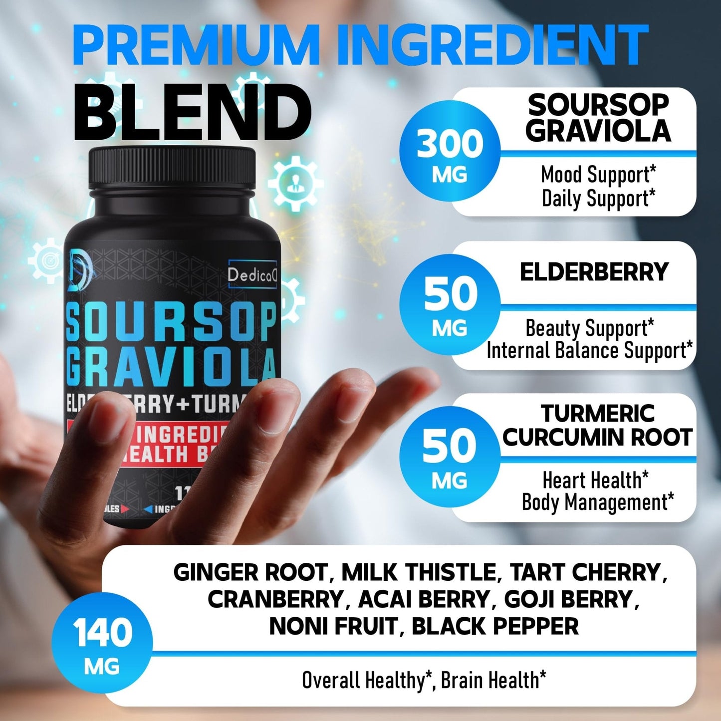 DEDICAD 11in1 Graviola Soursop Capsules for 5 Months Supply with Soursop Fruit, Elderberry, Turmeric, Ginger, Milk Thistle, Cranberry & More - Mood - 150 Vegan Capsules - Maple Wellness Supplements