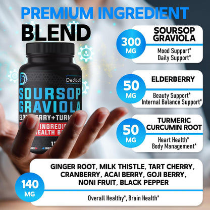 DEDICAD 11in1 Graviola Soursop Capsules for 5 Months Supply with Soursop Fruit, Elderberry, Turmeric, Ginger, Milk Thistle, Cranberry & More - Mood - 150 Vegan Capsules - Maple Wellness Supplements