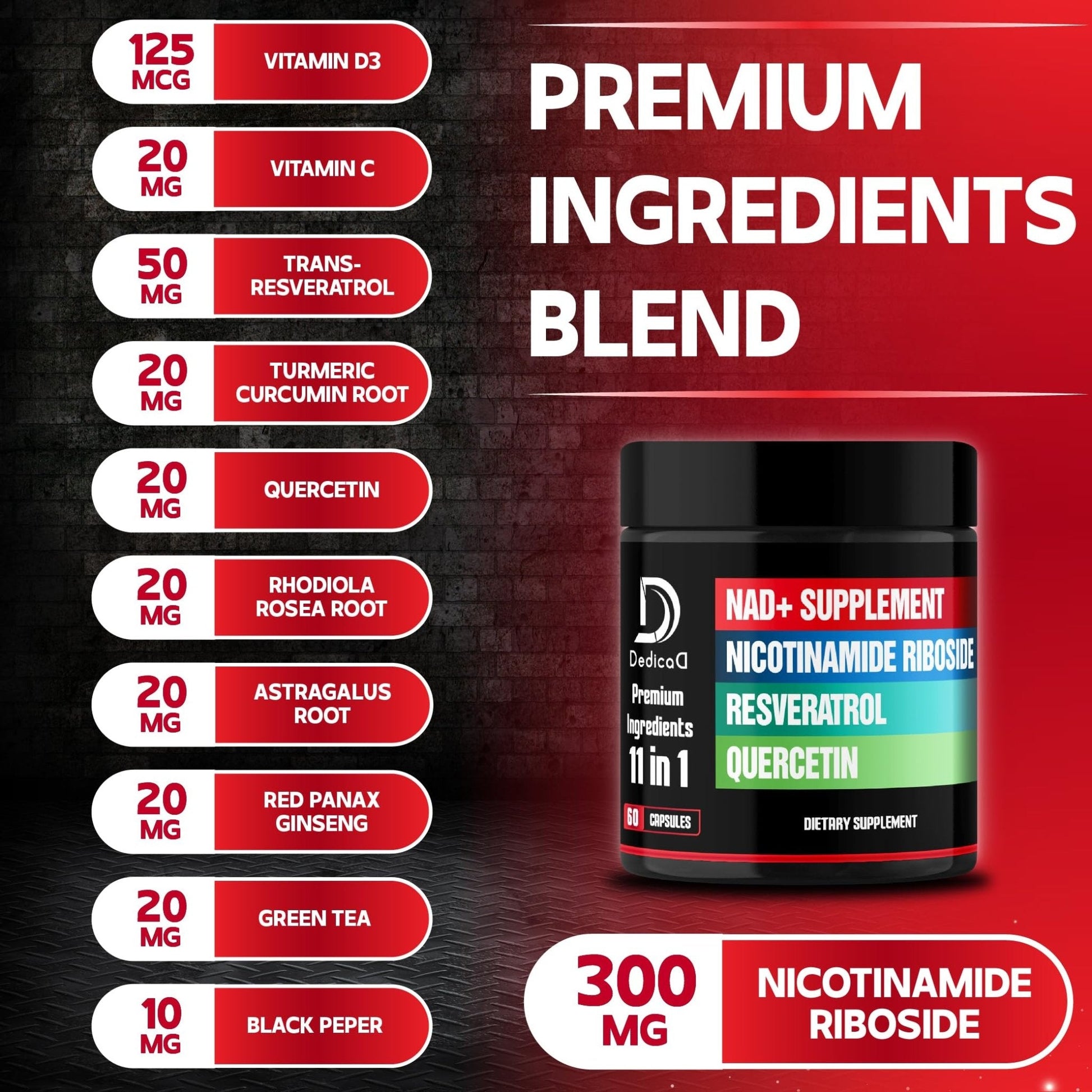 DEDICAD 11in1 NAD Supplement with Nicotinamide Riboside, Quercetin, Resveratrol and 8 More - 2 Month Supply - Maple Wellness Supplements