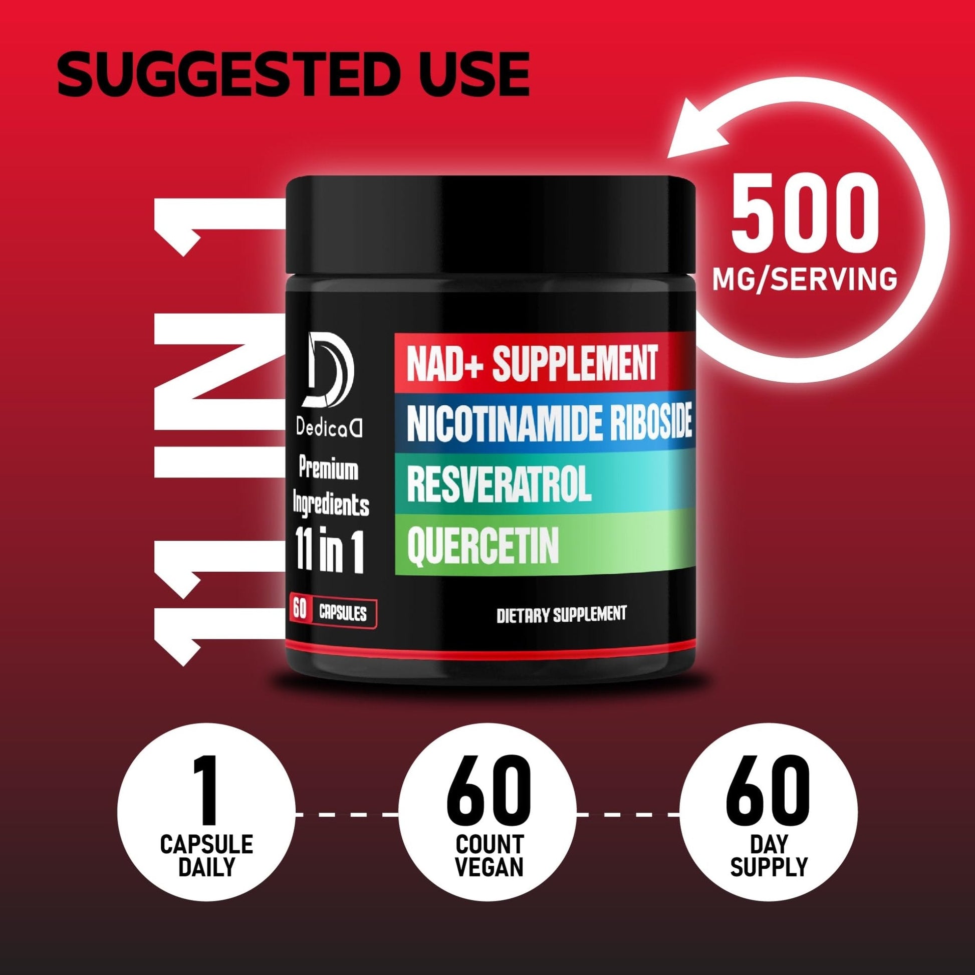 DEDICAD 11in1 NAD Supplement with Nicotinamide Riboside, Quercetin, Resveratrol and 8 More - 2 Month Supply - Maple Wellness Supplements