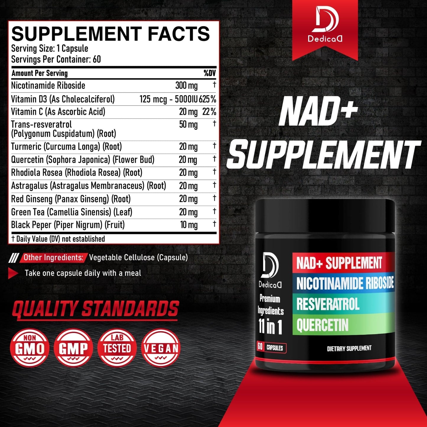 DEDICAD 11in1 NAD Supplement with Nicotinamide Riboside, Quercetin, Resveratrol and 8 More - 2 Month Supply - Maple Wellness Supplements