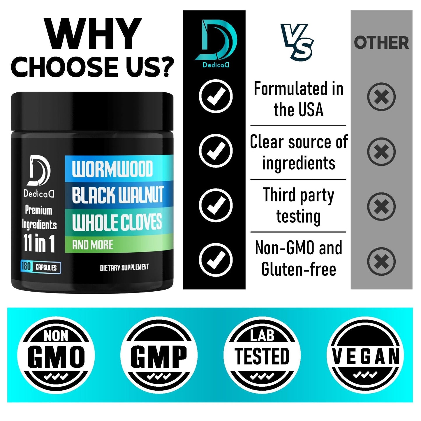 DEDICAD 11in1 Wormwood Capsules - 180 Capsules Extracted from Black Walnut, Cloves, Ginger, Turmeric, Apple, Berberine HCl & More - Support Immune System for 3 Months - Maple Wellness Supplements