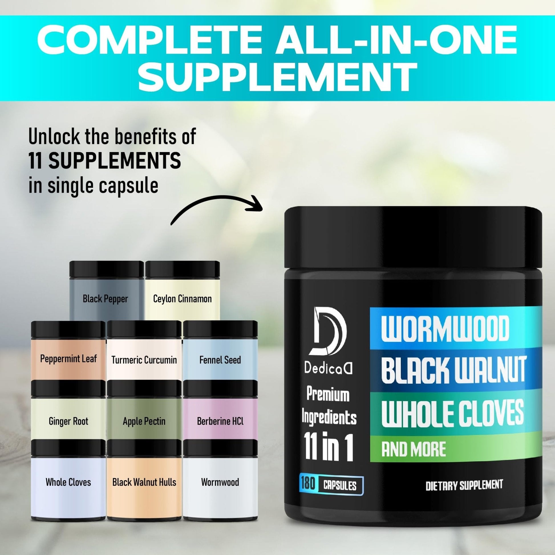 DEDICAD 11in1 Wormwood Capsules - 180 Capsules Extracted from Black Walnut, Cloves, Ginger, Turmeric, Apple, Berberine HCl & More - Support Immune System for 3 Months - Maple Wellness Supplements