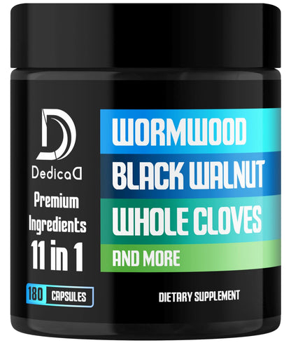 DEDICAD 11in1 Wormwood Capsules - 180 Capsules Extracted from Black Walnut, Cloves, Ginger, Turmeric, Apple, Berberine HCl & More - Support Immune System for 3 Months - Maple Wellness Supplements