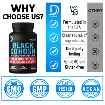 DEDICAD 12in1 Black Cohosh 5-Month Supply for Menopause Support Supplement with Dong Quai, Chasteberry, Red Raspberry, Licorice, Wild Yam & More - 150 Capsules - Maple Wellness Supplements