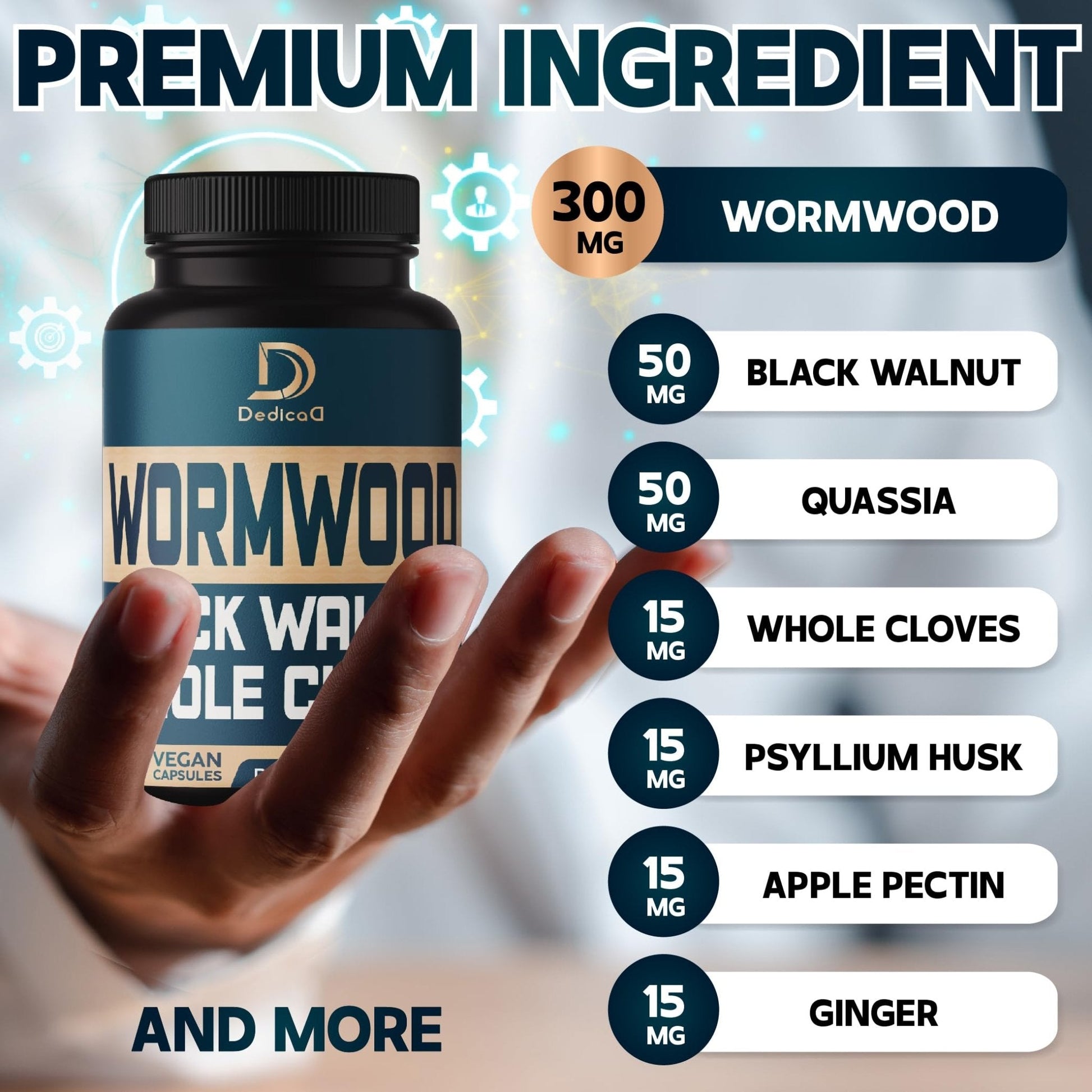 DEDICAD 12in1 Wormwood Black Walnut Clove Capsules - Immune, and Mood Support - 3 Month Supply - 90 Vegan Capsules - Maple Wellness Supplements