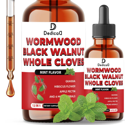 DEDICAD 12in1 Wormwood Liquid Drops Added Black Walnut, Whole Cloves and 9 More Herbs - 2 Fl Oz - 60 Days Supply - Mint Flavor - Maple Wellness Supplements