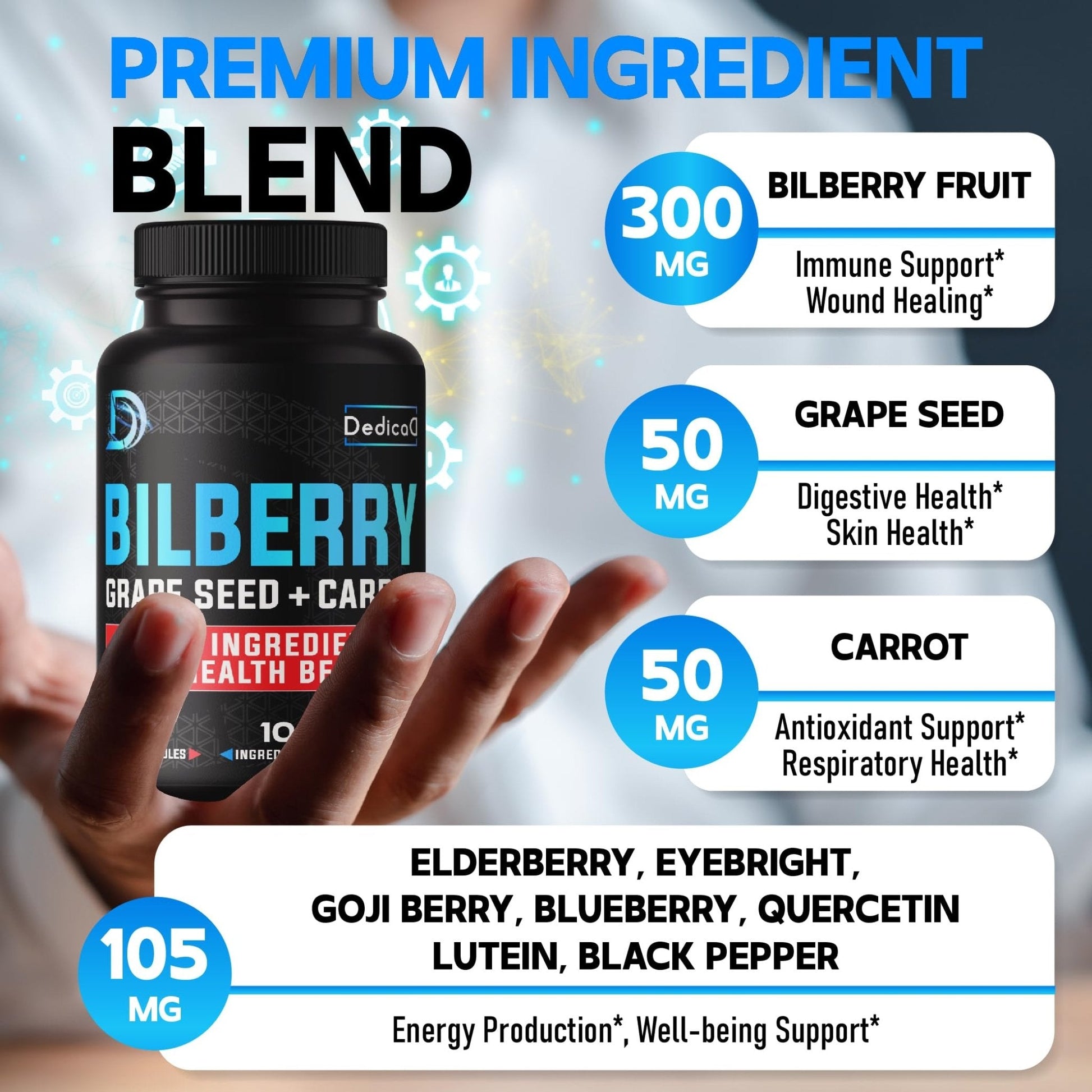 DEDICAD 20:1 Bilberry Extract Capsules - 5 Month Supply - Support Eyes, Vision & Heart Health - 10in1 Plus Grape Seed, Carrot, Elderberry, Eyebright & Others - 150 Counts - Maple Wellness Supplements