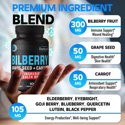 DEDICAD 20:1 Bilberry Extract Capsules - 5 Month Supply - Support Eyes, Vision & Heart Health - 10in1 Plus Grape Seed, Carrot, Elderberry, Eyebright & Others - 150 Counts - Maple Wellness Supplements