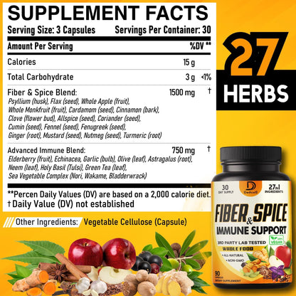 DEDICAD 27in1 Fiber and Spice Supplement - Combined with Organic Psyllium, Whole Apple, Elderberry & More - Support Mood, Body & Immunity - 90 Capsules for 1 Month - Maple Wellness Supplements