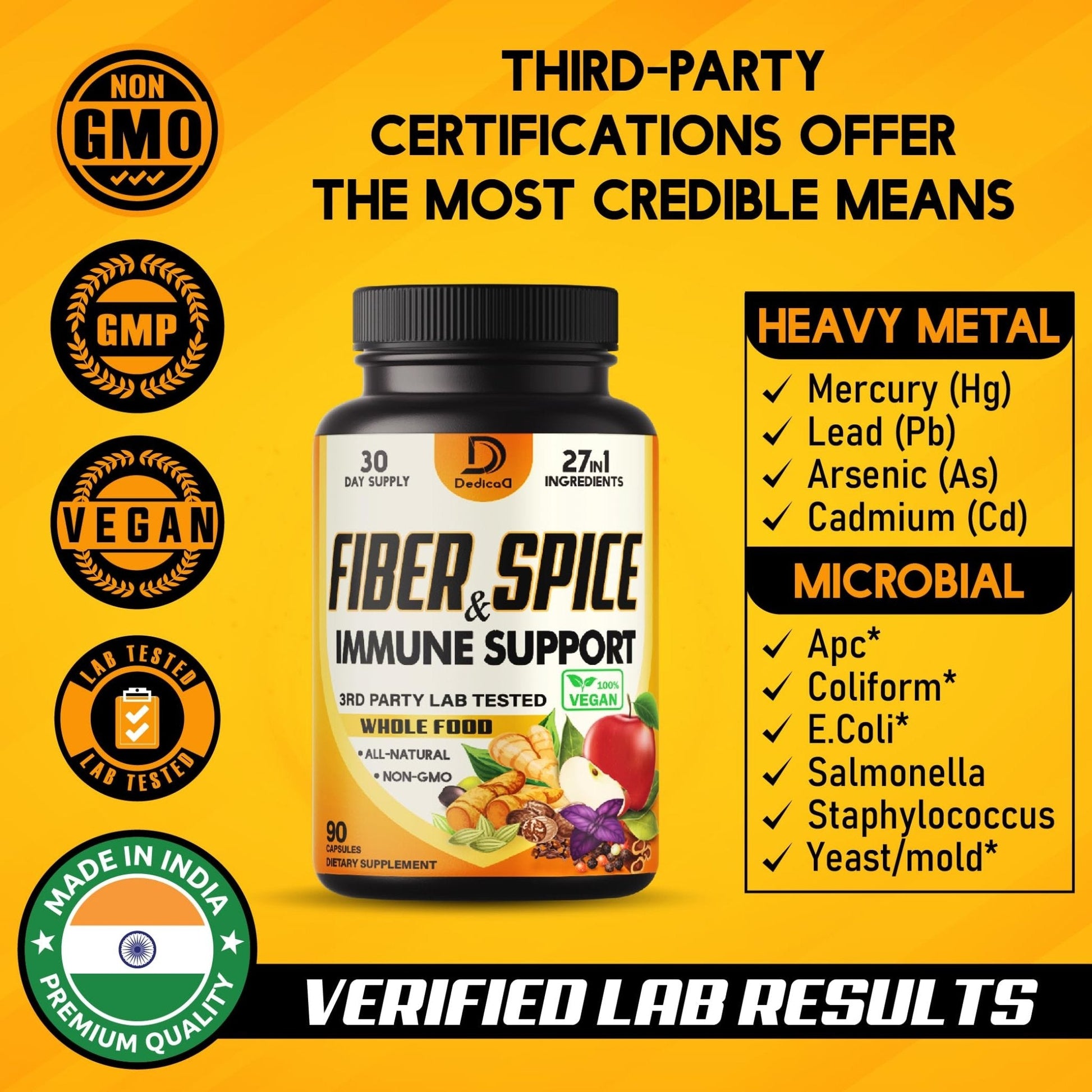 DEDICAD 27in1 Fiber and Spice Supplement - Combined with Organic Psyllium, Whole Apple, Elderberry & More - Support Mood, Body & Immunity - 90 Capsules for 1 Month - Maple Wellness Supplements