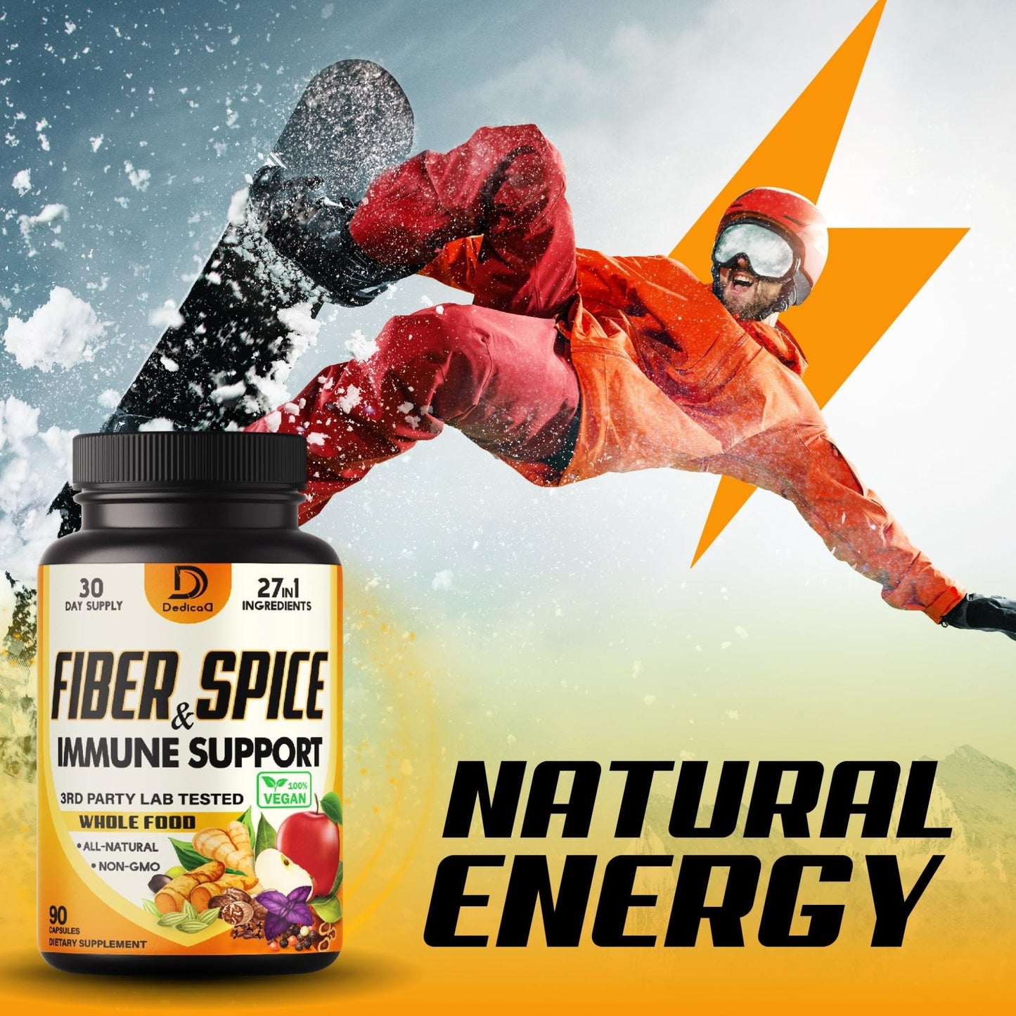 DEDICAD 27in1 Fiber and Spice Supplement - Combined with Organic Psyllium, Whole Apple, Elderberry & More - Support Mood, Body & Immunity - 90 Capsules for 1 Month - Maple Wellness Supplements