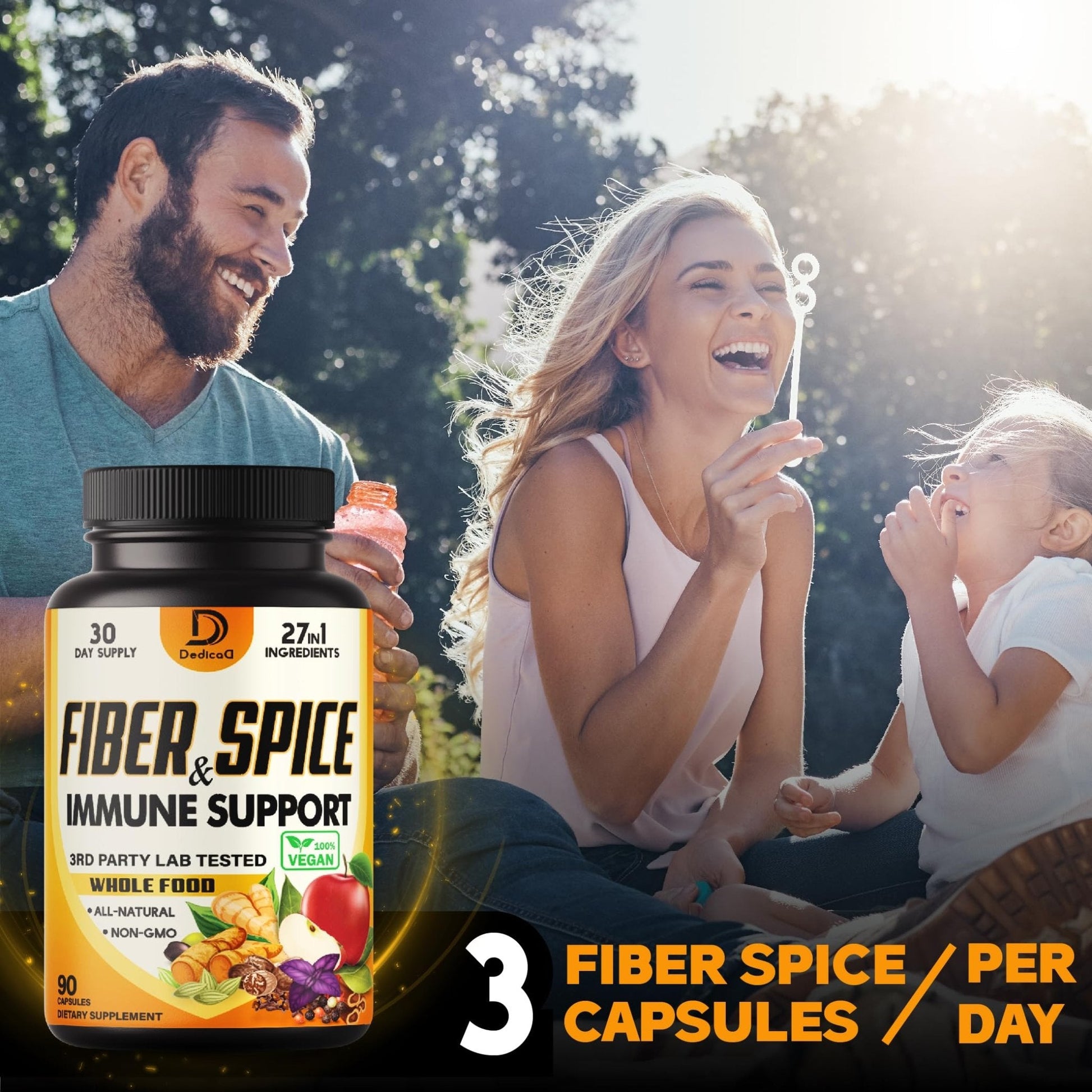 DEDICAD 27in1 Fiber and Spice Supplement - Combined with Organic Psyllium, Whole Apple, Elderberry & More - Support Mood, Body & Immunity - 90 Capsules for 1 Month - Maple Wellness Supplements