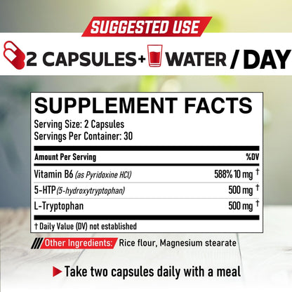 DEDICAD 5 HTP Supplement 1010mg - 60 Capsules - 3in1 Combined with Vitamin B6, L-Tryptophan - Comfortable Mood, Brain Health, Body Management & Immune System Support - Maple Wellness Supplements