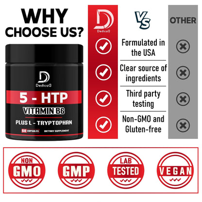 DEDICAD 5 HTP Supplement 1010mg - 60 Capsules - 3in1 Combined with Vitamin B6, L-Tryptophan - Comfortable Mood, Brain Health, Body Management & Immune System Support - Maple Wellness Supplements