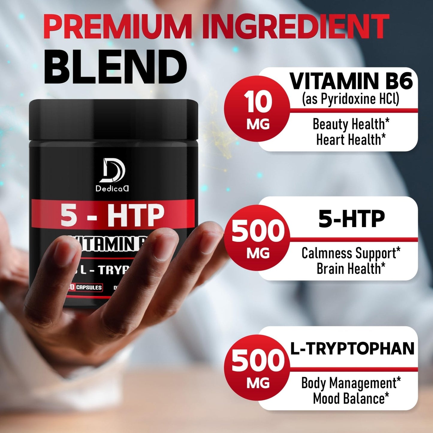 DEDICAD 5 HTP Supplement 1010mg - 60 Capsules - 3in1 Combined with Vitamin B6, L-Tryptophan - Comfortable Mood, Brain Health, Body Management & Immune System Support - Maple Wellness Supplements