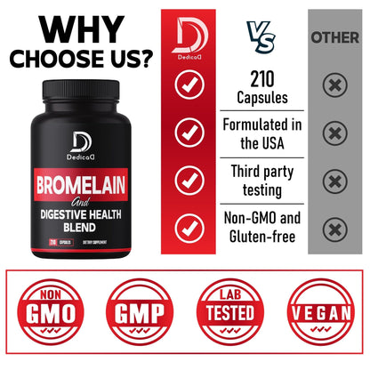 DEDICAD 6in1 Bromelain 500mg Supplement - 1000mg per Serving - 210 Capsules with Digestive Health Blend as Quercetin, Ginger, Turmeric, Papaya - Support Overall Health, Digestion & Immune System - Maple Wellness Supplements