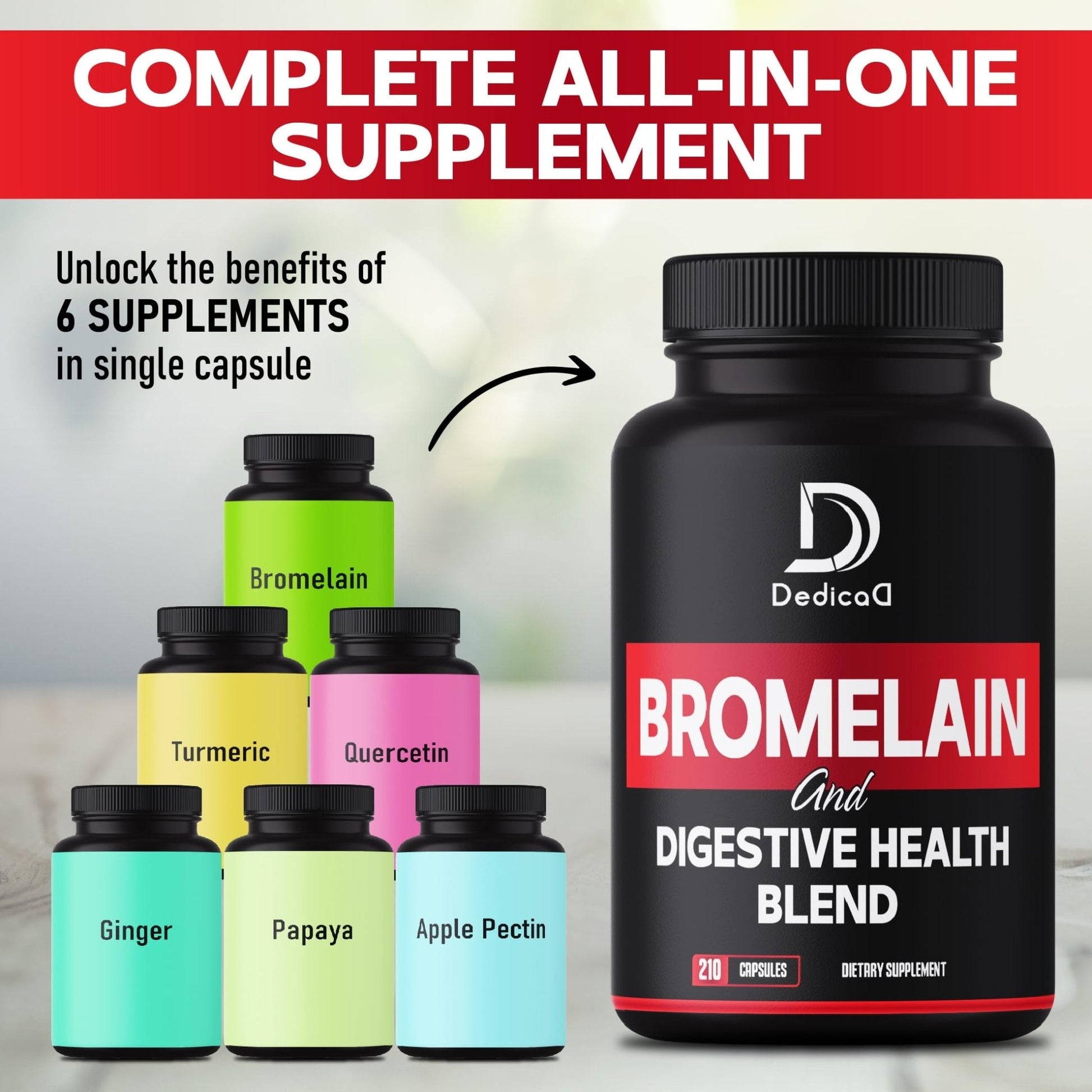 DEDICAD 6in1 Bromelain 500mg Supplement - 1000mg per Serving - 210 Capsules with Digestive Health Blend as Quercetin, Ginger, Turmeric, Papaya - Support Overall Health, Digestion & Immune System - Maple Wellness Supplements
