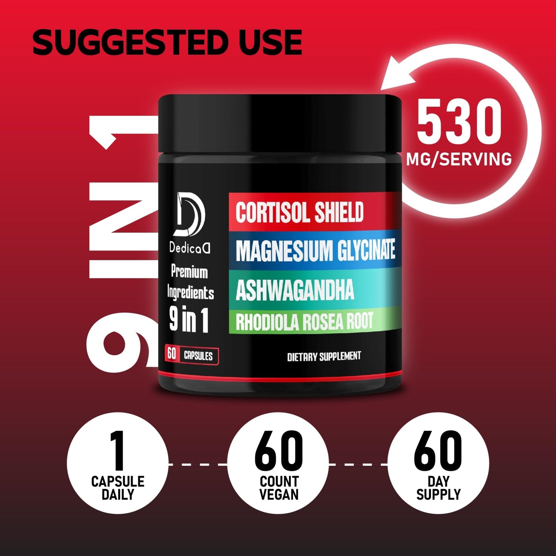 DEDICAD 9in1 Cortisol Shield - Magnesium Glycinate & Ashwagandha with Rhodiola, Phosphatidylserine, Passion Flower, L-Theanine, Apigenin, Licorice, Magnolia - Rest Well & Mood Balance - 60 Count - Maple Wellness Supplements