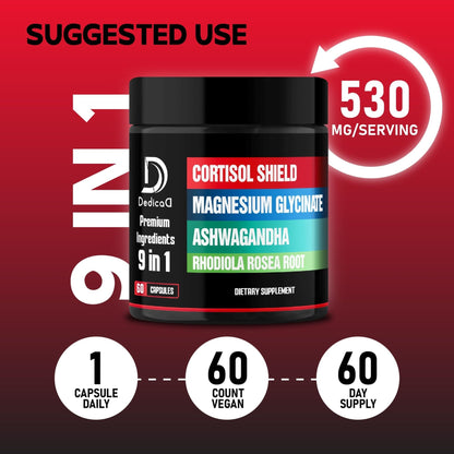 DEDICAD 9in1 Cortisol Shield - Magnesium Glycinate & Ashwagandha with Rhodiola, Phosphatidylserine, Passion Flower, L-Theanine, Apigenin, Licorice, Magnolia - Rest Well & Mood Balance - 60 Count - Maple Wellness Supplements