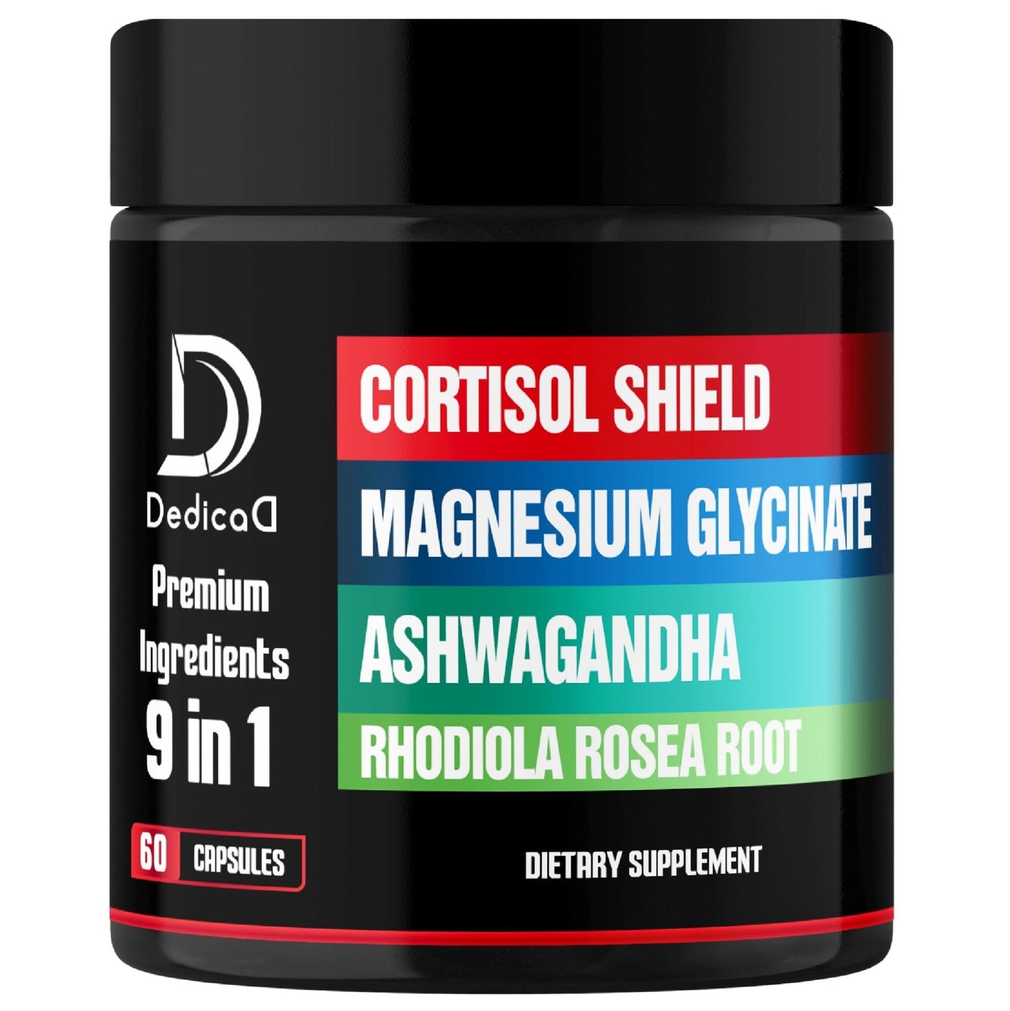 DEDICAD 9in1 Cortisol Shield - Magnesium Glycinate & Ashwagandha with Rhodiola, Phosphatidylserine, Passion Flower, L-Theanine, Apigenin, Licorice, Magnolia - Rest Well & Mood Balance - 60 Count - Maple Wellness Supplements