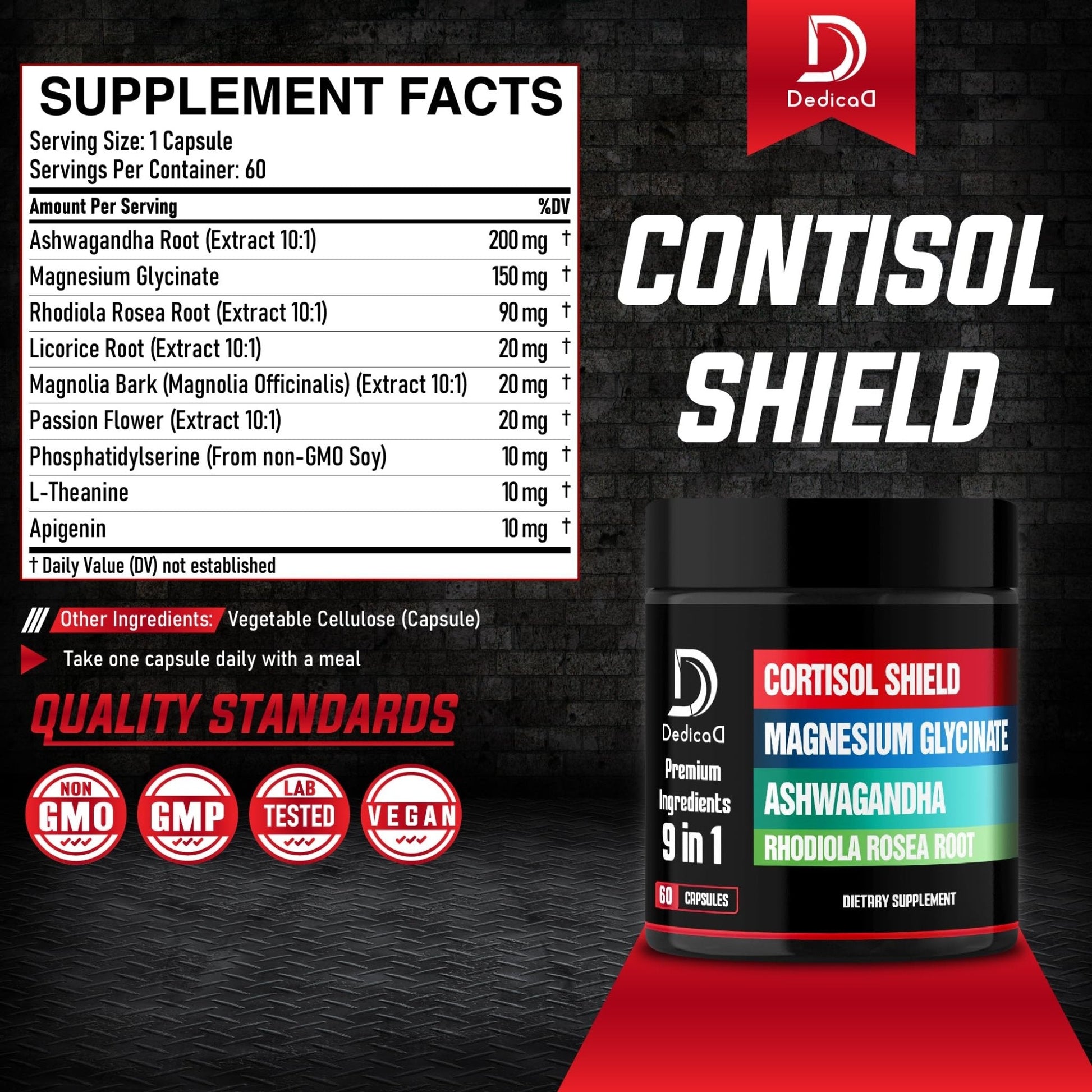 DEDICAD 9in1 Cortisol Shield - Magnesium Glycinate & Ashwagandha with Rhodiola, Phosphatidylserine, Passion Flower, L-Theanine, Apigenin, Licorice, Magnolia - Rest Well & Mood Balance - 60 Count - Maple Wellness Supplements