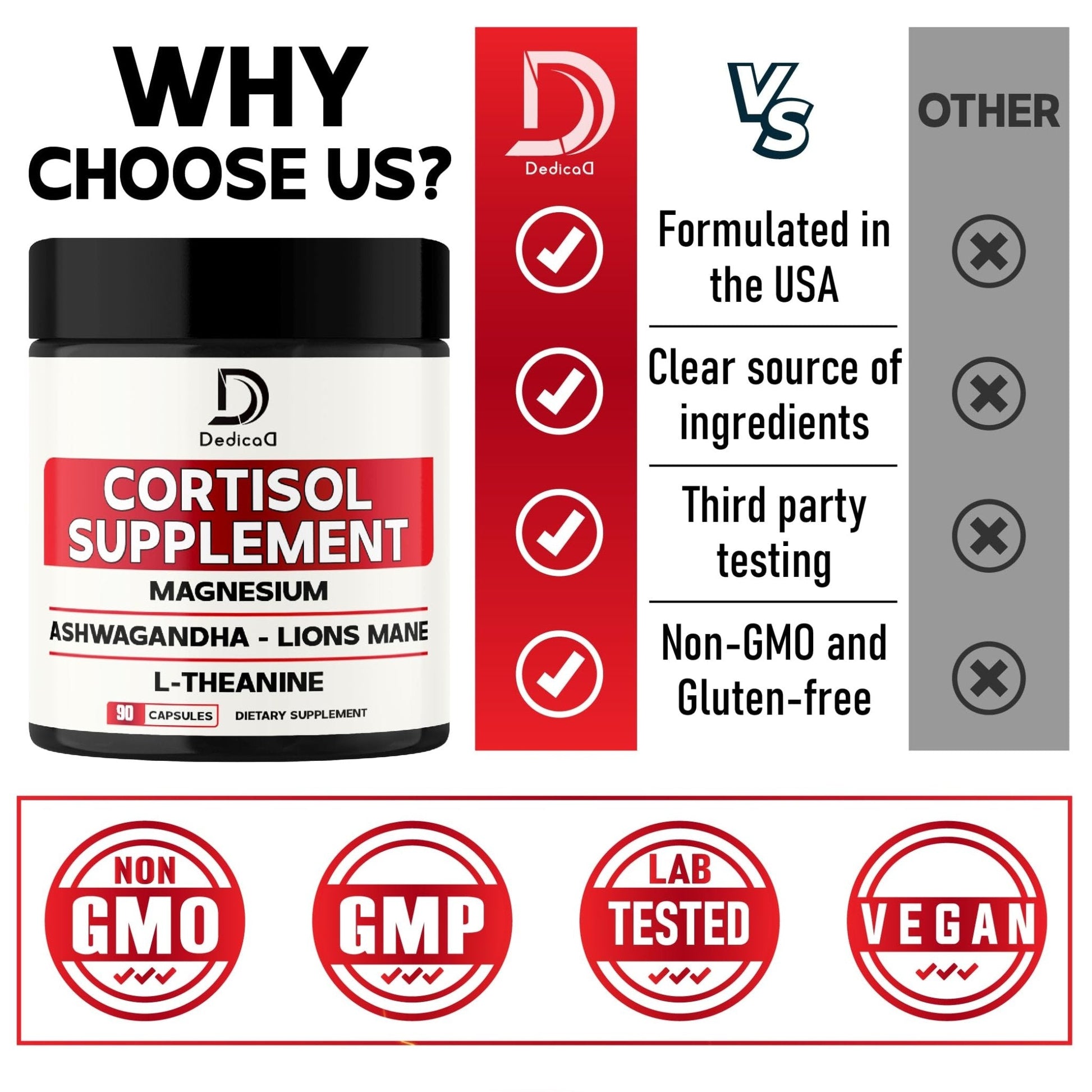 DEDICAD 9in1 Cortisol Supplement - Ashwagandha and Magnesium Glycinate and Chelate - Brain Health & Restful Night & Mood Balance - 90 Capsules Supply 45 Days - Maple Wellness Supplements