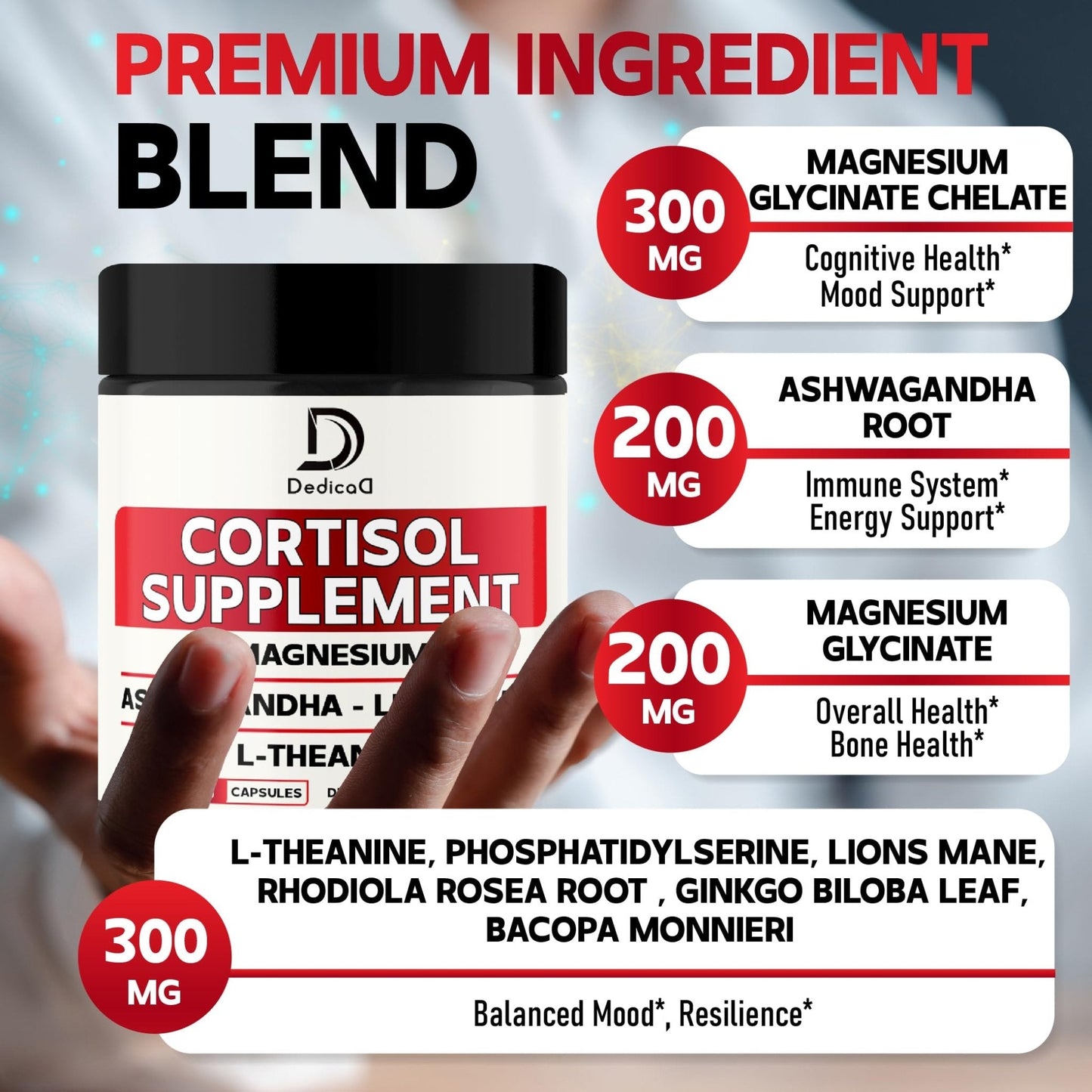 DEDICAD 9in1 Cortisol Supplement - Ashwagandha and Magnesium Glycinate and Chelate - Brain Health & Restful Night & Mood Balance - 90 Capsules Supply 45 Days - Maple Wellness Supplements