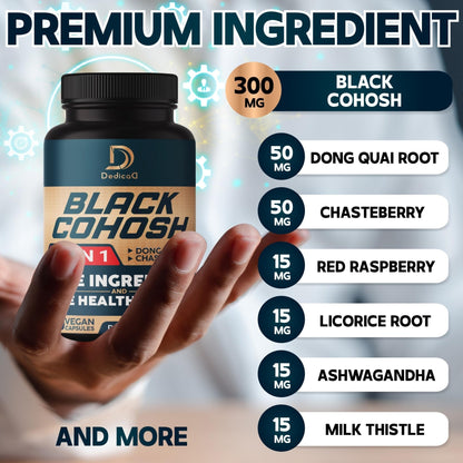 DEDICAD Black Cohosh Supplement - 3 Months for Menopause & Immune Health - Blend of 12 Potent Herb Includes Dong Quai, Chasteberry, Wild Yam, Red Clover, Black Pepper & Others - 90 Vegan Capsules - Maple Wellness Supplements