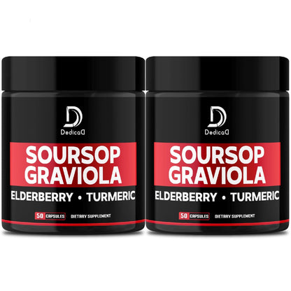 DEDICAD Graviola Soursop Leaves Capsules - 2 Packs 50 Capsules for 100-Day Supply - 11in1 Extract with Elderberry, Turmeric, Ginger, Milk Thistle, Cranberry & More - Support Mood, Immune & Body Health - Maple Wellness Supplements