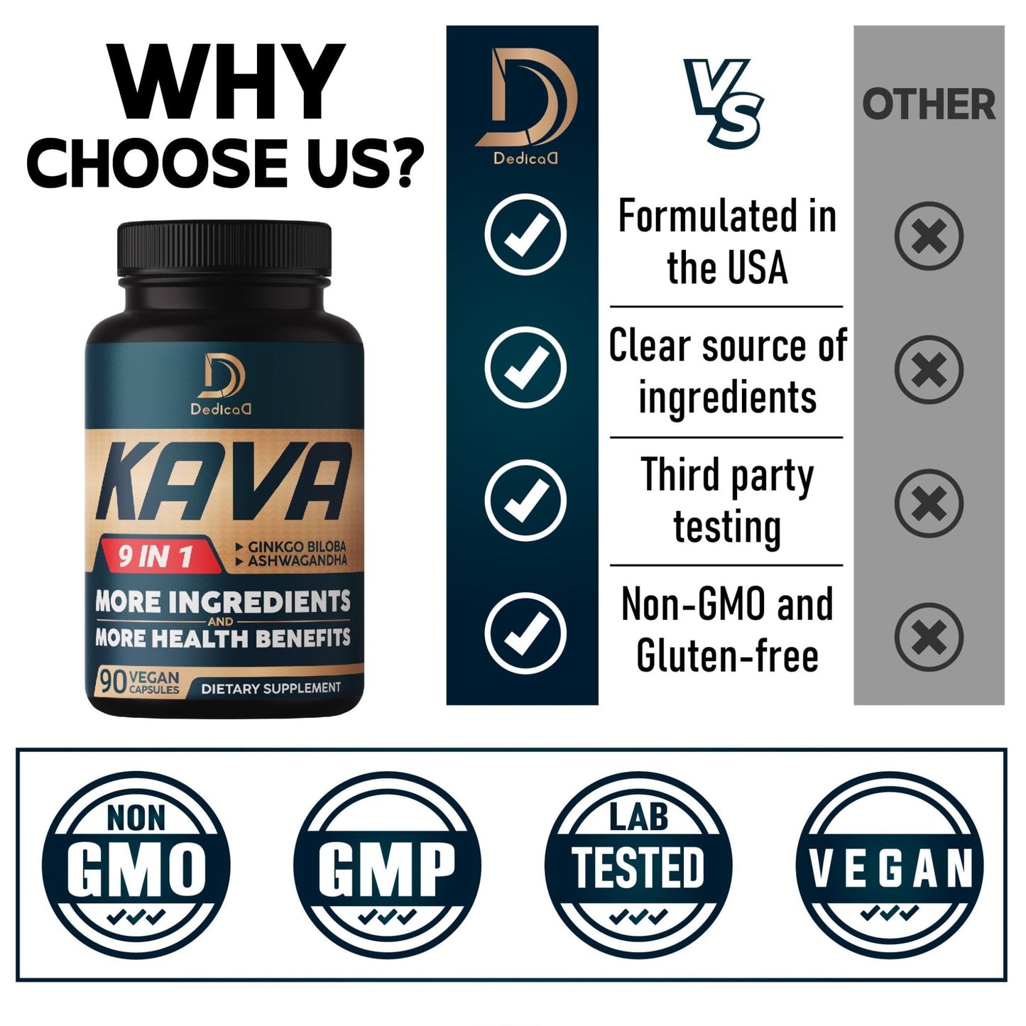 DEDICAD Kava Kava Capsules - 3 Month Supply - 9 Herbs with Ginkgo Biloba, Ashwagandha Root, Andean Cocoa, Graviola Leaf, Chamomile, Valerian, Lemon Balm & Skullcap - Support Mood & Immune - 90 Pills - Maple Wellness Supplements