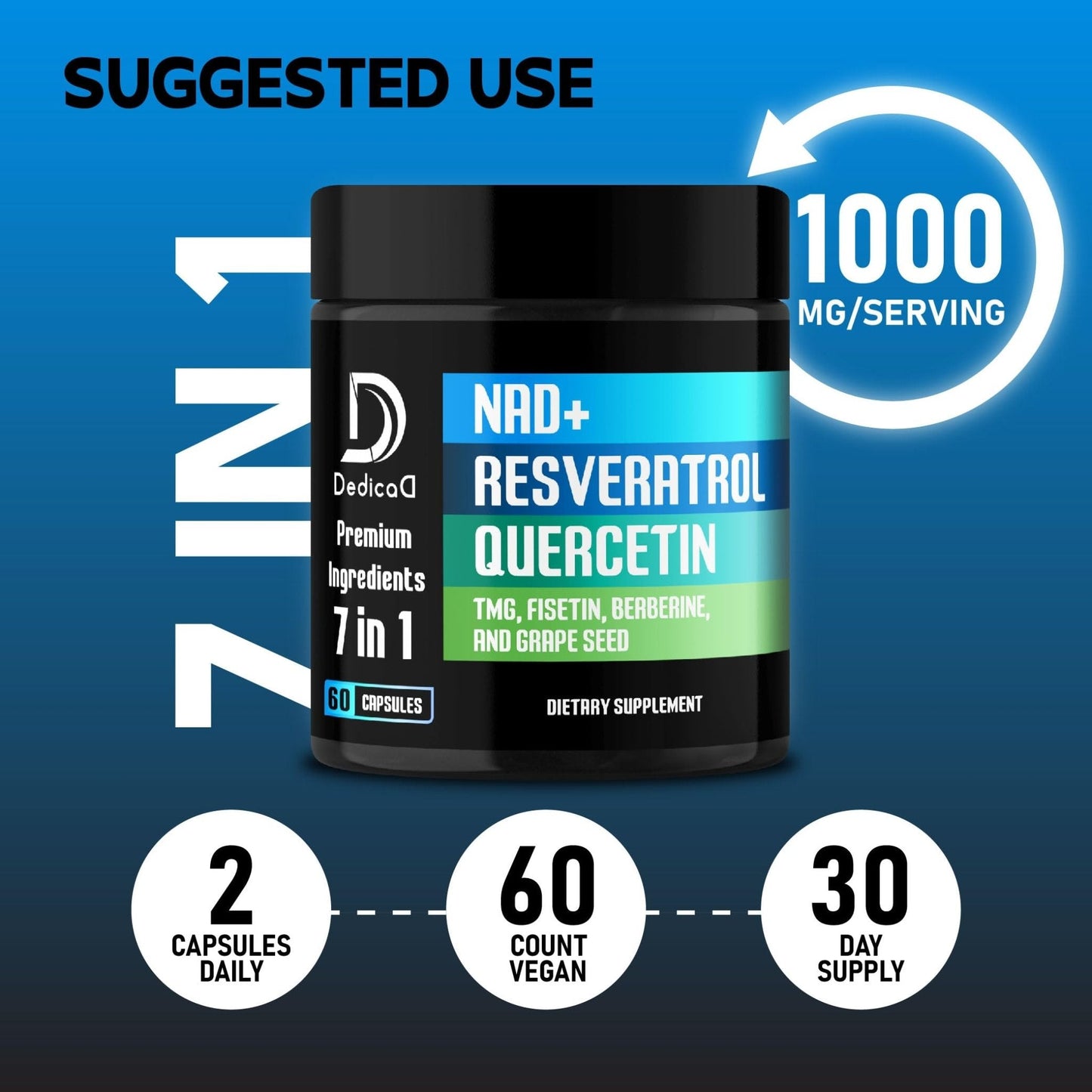 DEDICAD NAD.+ Supplement - Combined to Resveratrol, Quercetin, Berberine, Fisetin, TMG and Grape Seed - 60 Capsules - Maple Wellness Supplements