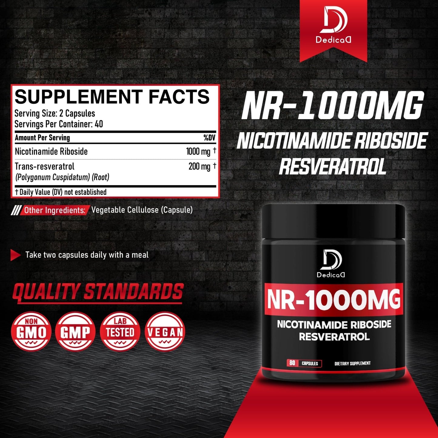 DEDICAD NAD Supplement with Nicotinamide Riboside and Trans Resveratrol - NR for Men & Women - 80 Capsules - Maple Wellness Supplements