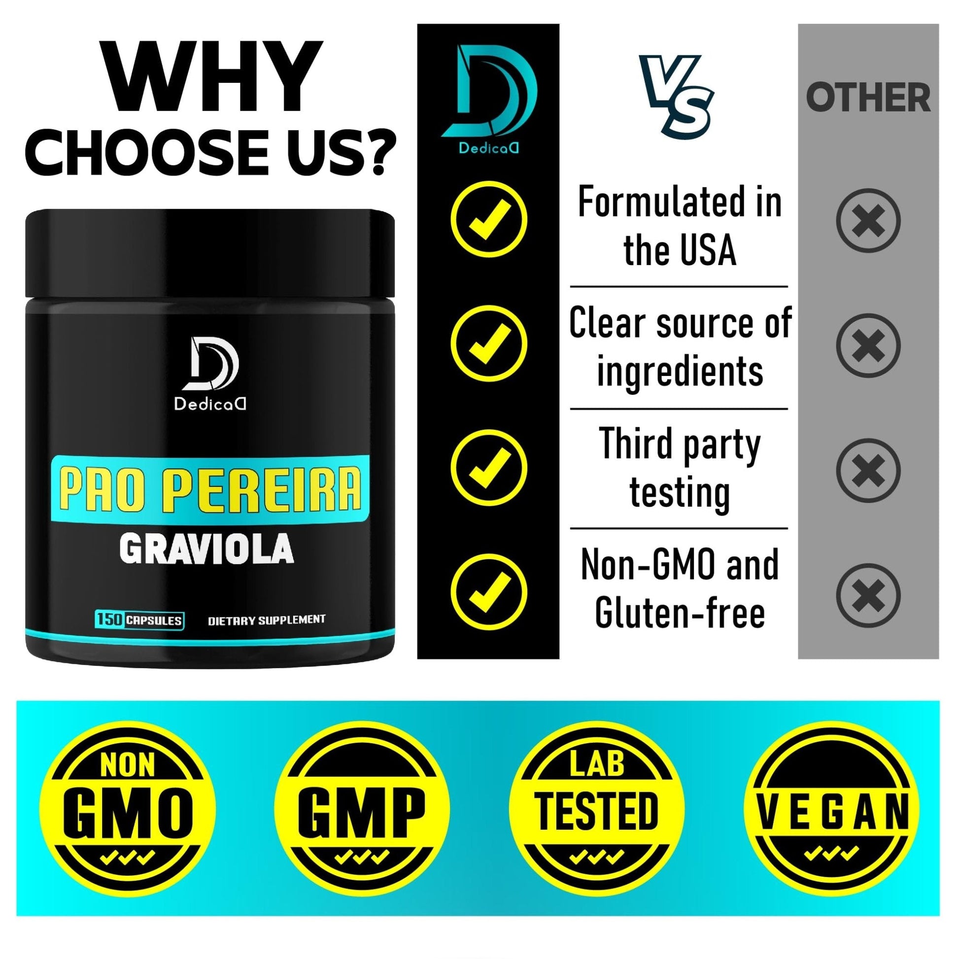 DEDICAD Pao Pereira Bark Extract and Graviola Soursop - 150 Capsules Supply - Maple Wellness Supplements