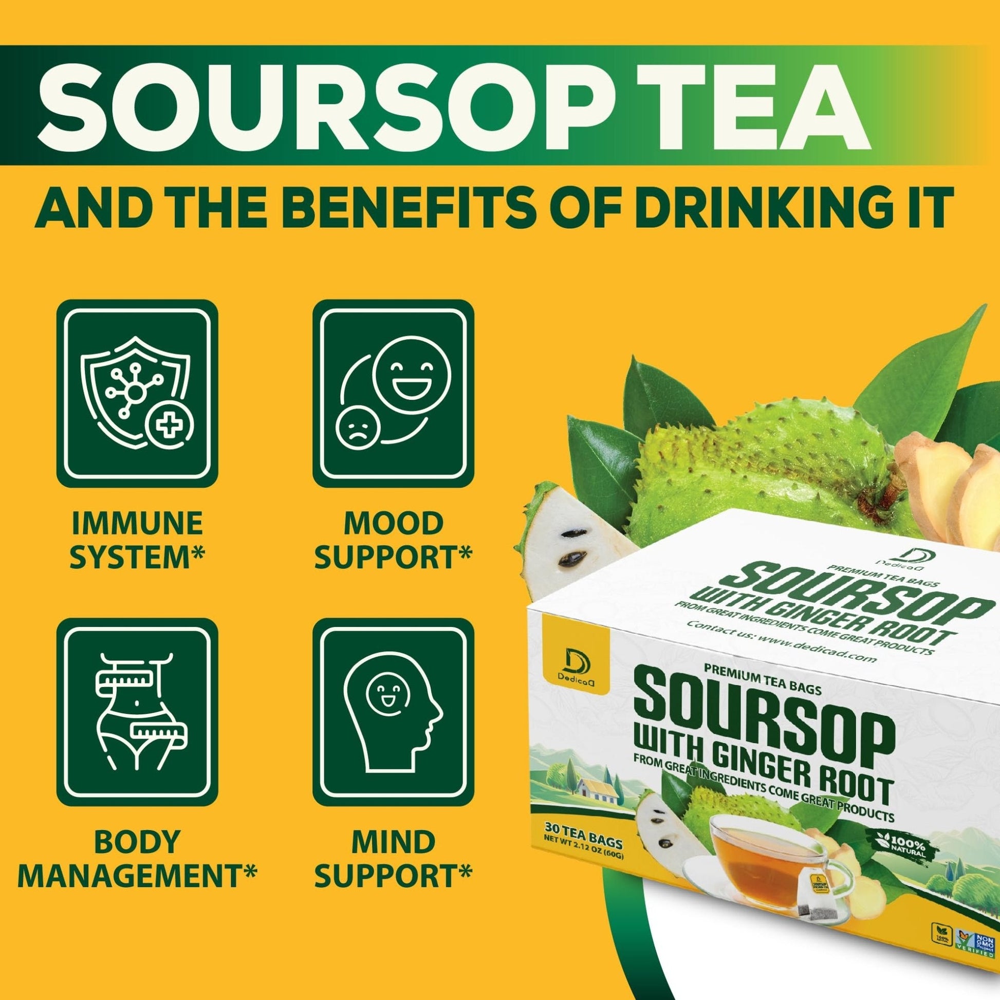 DEDICAD Soursop Leaves Tea Bags with Ginger, 30 Tea bags, 2gr/bag - Non-GMO/Caffeine free - Support Digestion, Well Skin, Immune System - Maple Wellness Supplements
