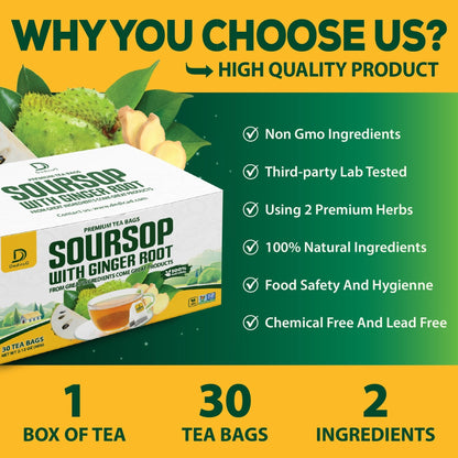 DEDICAD Soursop Leaves Tea Bags with Ginger, 30 Tea bags, 2gr/bag - Non-GMO/Caffeine free - Support Digestion, Well Skin, Immune System - Maple Wellness Supplements