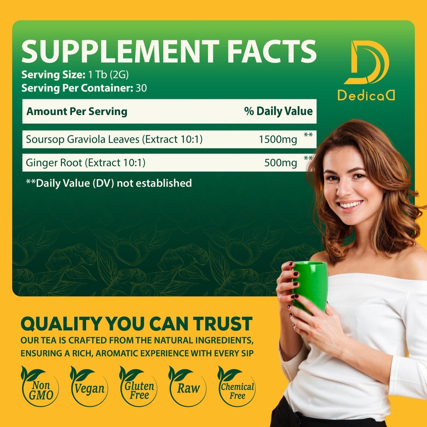DEDICAD Soursop Leaves Tea Bags with Ginger, 30 Tea bags, 2gr/bag - Non-GMO/Caffeine free - Support Digestion, Well Skin, Immune System - Maple Wellness Supplements