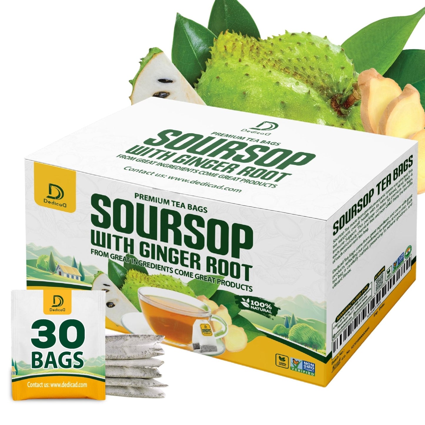 DEDICAD Soursop Leaves Tea Bags with Ginger, 30 Tea bags, 2gr/bag - Non-GMO/Caffeine free - Support Digestion, Well Skin, Immune System - Maple Wellness Supplements