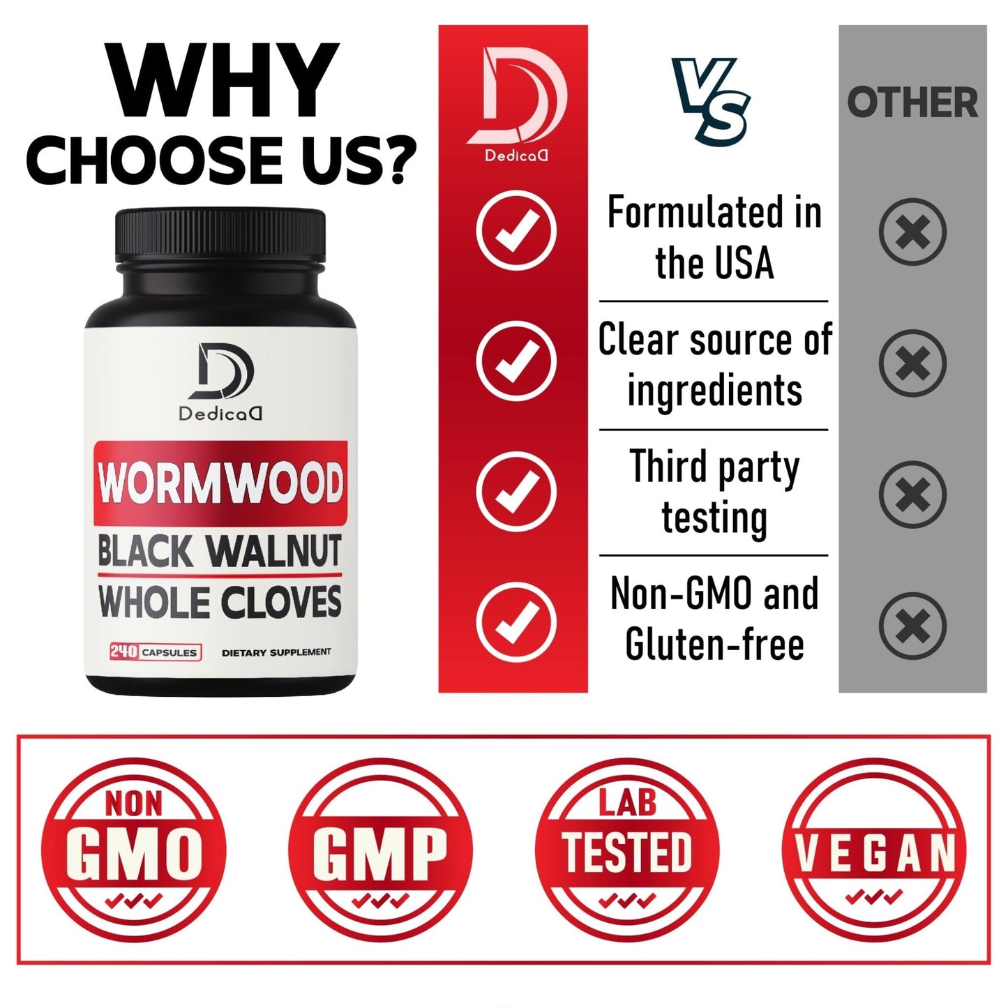 DEDICAD Sweet Wormwood Capsules 1500mg with Black Walnut & Cloves - 240 Vegan Capsules - Artemisia Annua Supplement for Immunity - Maple Wellness Supplements