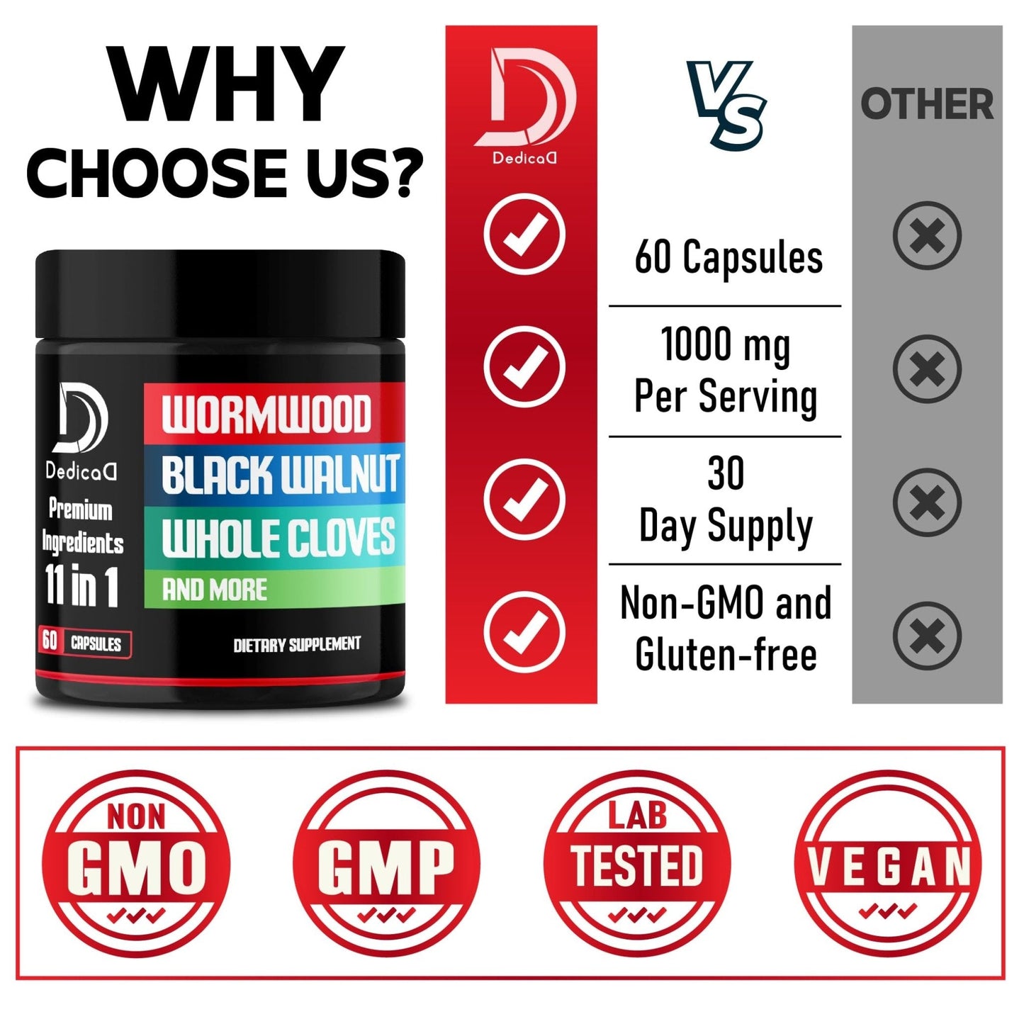 DEDICAD Wormwood Capsules Supplement - Extracted from Black Walnut, Cloves, Turmeric, Apple, Berberine HCl & More - 11 Ingredients Combined for Immune System, Body Management - 60 Capsules - Maple Wellness Supplements