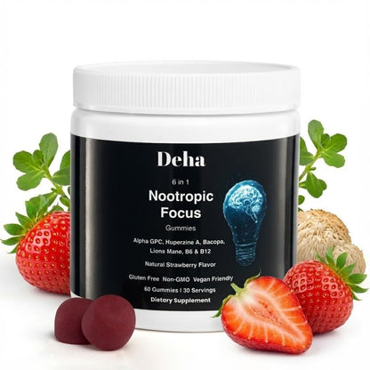 Deha Focus Gummies Nootropic Brain Supplement with Vitamin B6 Vitamin B12, Alpha GPC, Huperzine A, Bacopa Monnieri, Lions Mane Mushroom Gummies – Vegan, Non-GMO, Gluten-Free – 60 Gummies - Maple Wellness Supplements