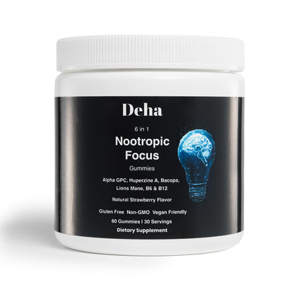 Deha Focus Gummies Nootropic Brain Supplement with Vitamin B6 Vitamin B12, Alpha GPC, Huperzine A, Bacopa Monnieri, Lions Mane Mushroom Gummies – Vegan, Non-GMO, Gluten-Free – 60 Gummies - Maple Wellness Supplements