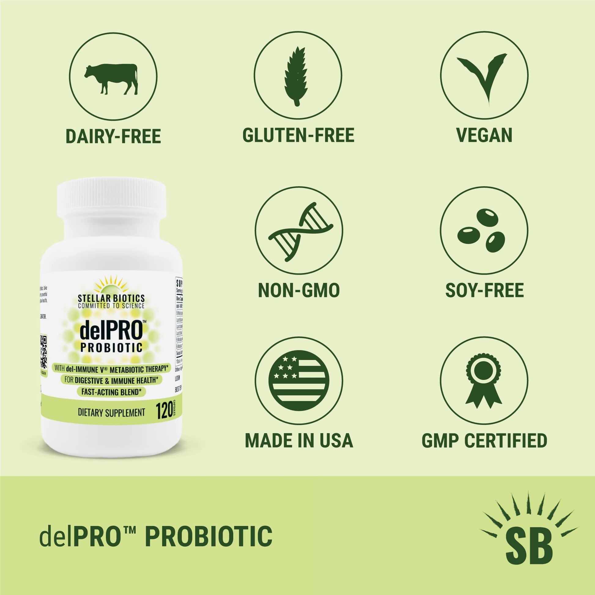 Del-Immune V® + Delpro Probiotic & Prebiotic Blend by Stellar Biotics - Promotes Optimal Gut Health, Digestion, Immune Support & Mood (120 Capsules) - Maple Wellness Supplements