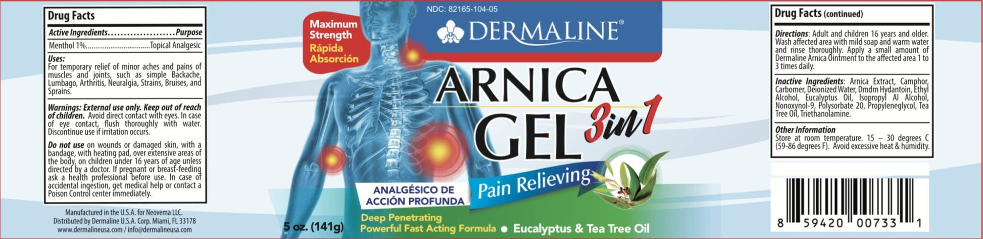 DERMALINE Arnica 3 in 1 Gel, Eucalyptus, Tea Tree Oil, Vitamin E - Fast Acting and Absorbing, Pain Relief - Maple Wellness Supplements