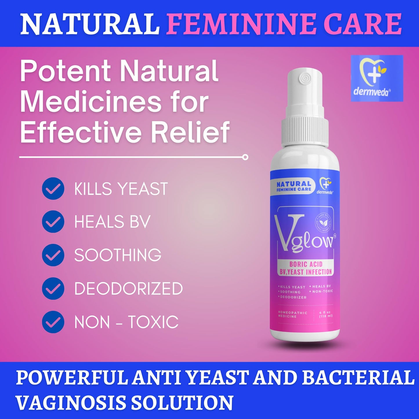 Dermveda Boric Acid BV Relief for Women - Natural Yeast Infection, Odor, Itch Relief Solution - Treats Yeast Infection Symptoms with Effective Boric Acid Formula. - Maple Wellness Supplements