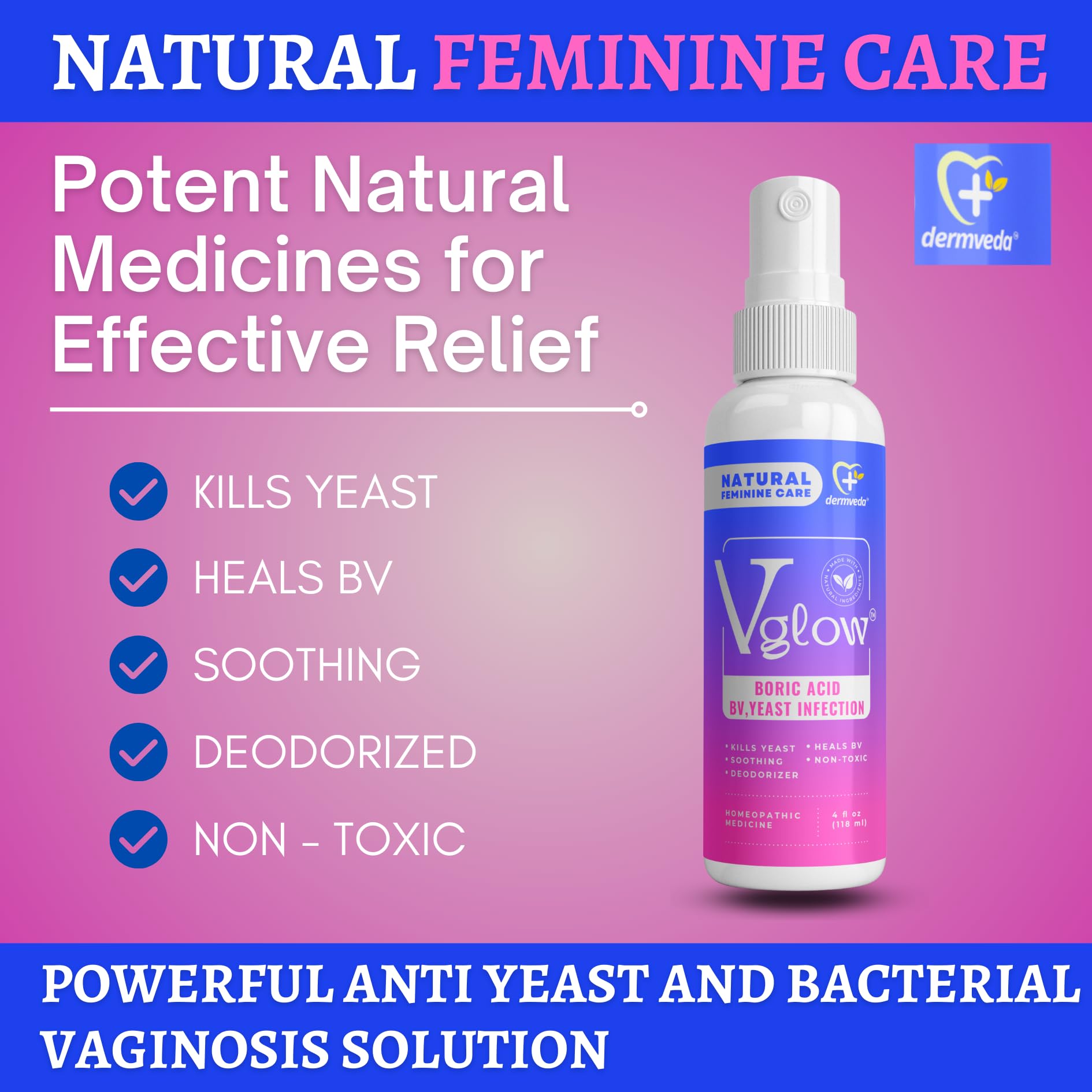 Dermveda Boric Acid BV Relief for Women - Natural Yeast Infection, Odor, Itch Relief Solution - Treats Yeast Infection Symptoms with Effective Boric Acid Formula. - Maple Wellness Supplements