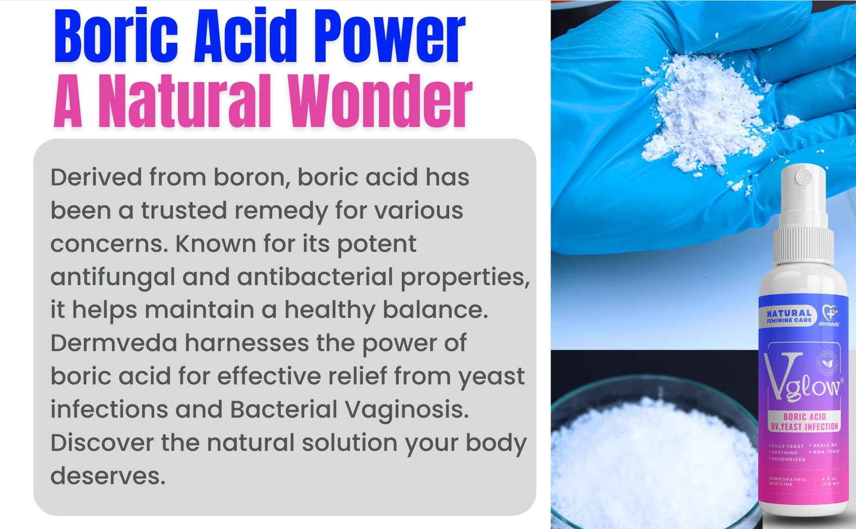 Dermveda Boric Acid BV Relief for Women - Natural Yeast Infection, Odor, Itch Relief Solution - Treats Yeast Infection Symptoms with Effective Boric Acid Formula. - Maple Wellness Supplements