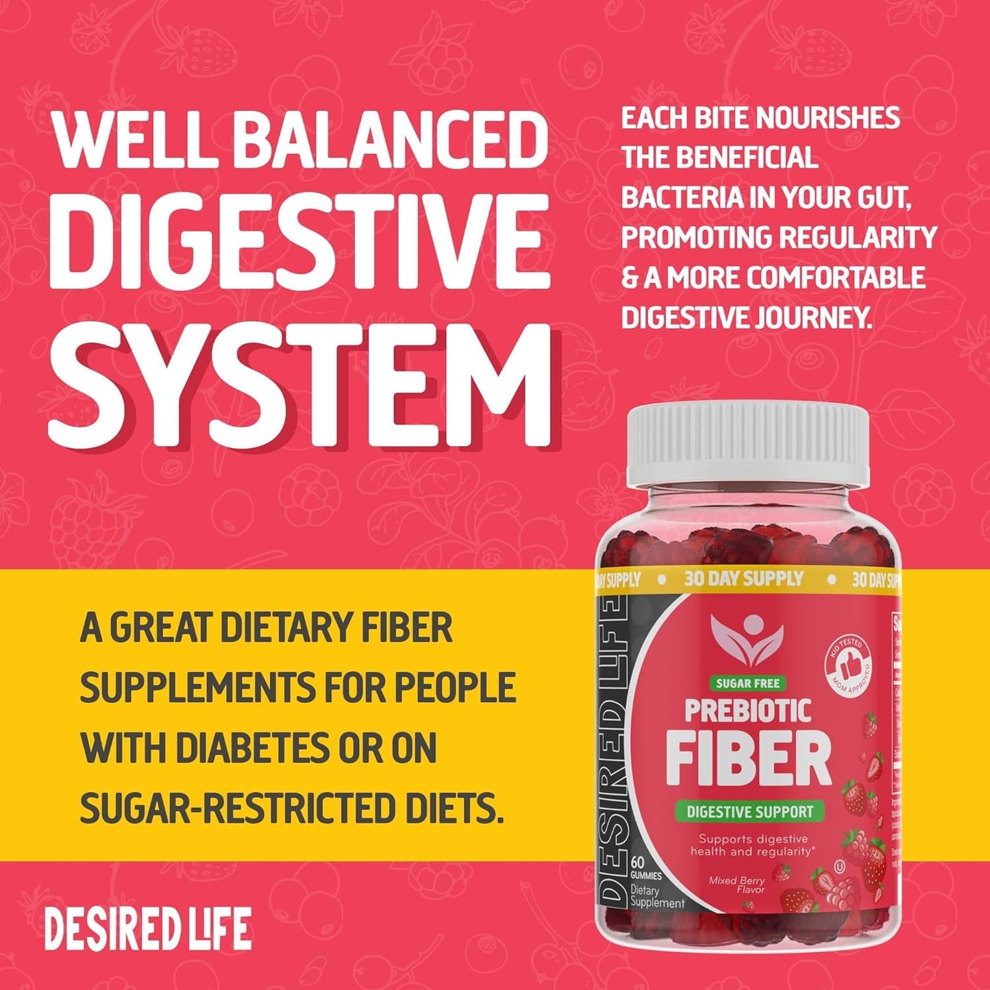 Desired Life Prebiotic Fiber Gummies for Adults and Kids – 4g Sugar Free Natural Berry Flavored Gummies - Supports Digestive Health - Maple Wellness Supplements