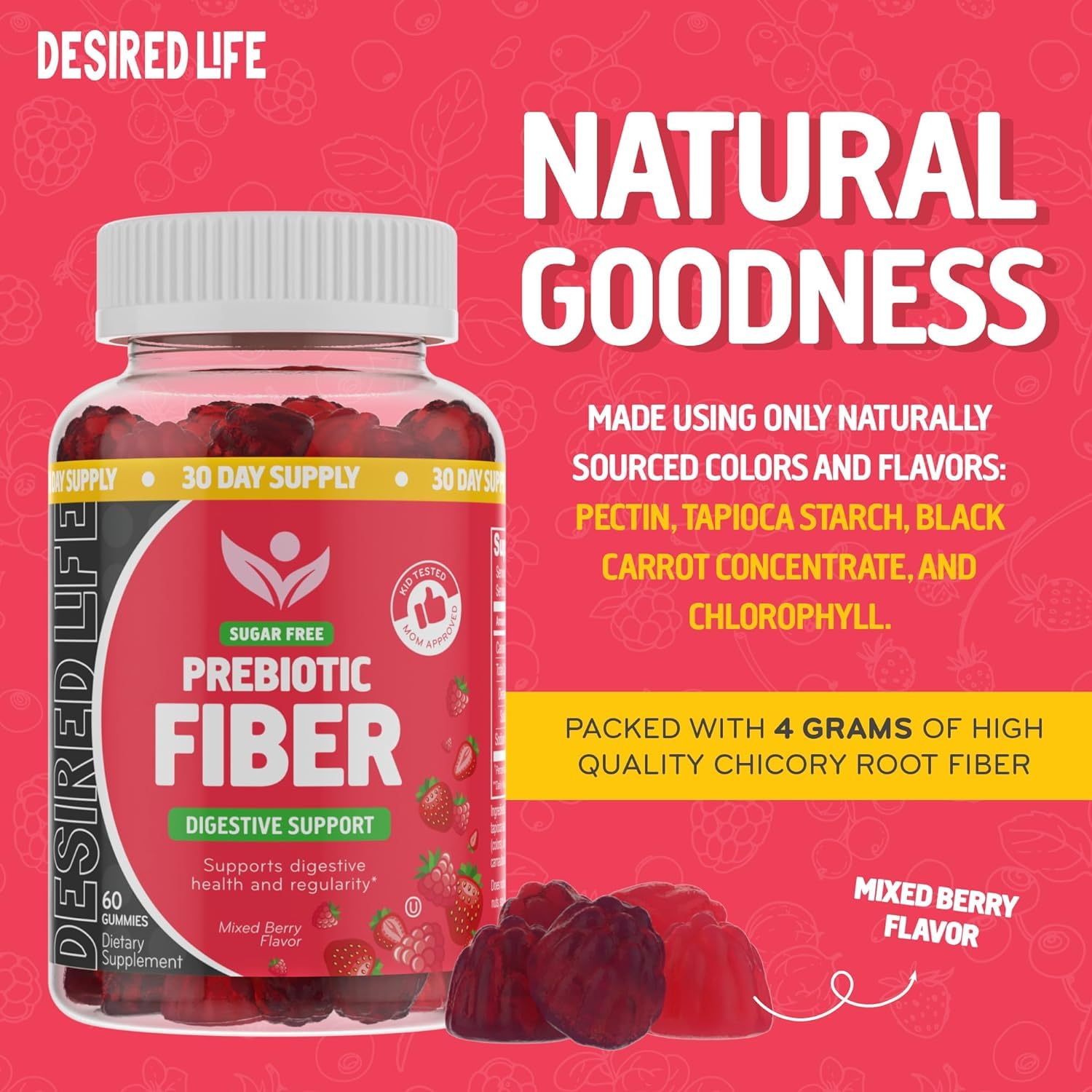 Desired Life Prebiotic Fiber Gummies for Adults and Kids – 4g Sugar Free Natural Berry Flavored Gummies - Supports Digestive Health - Maple Wellness Supplements